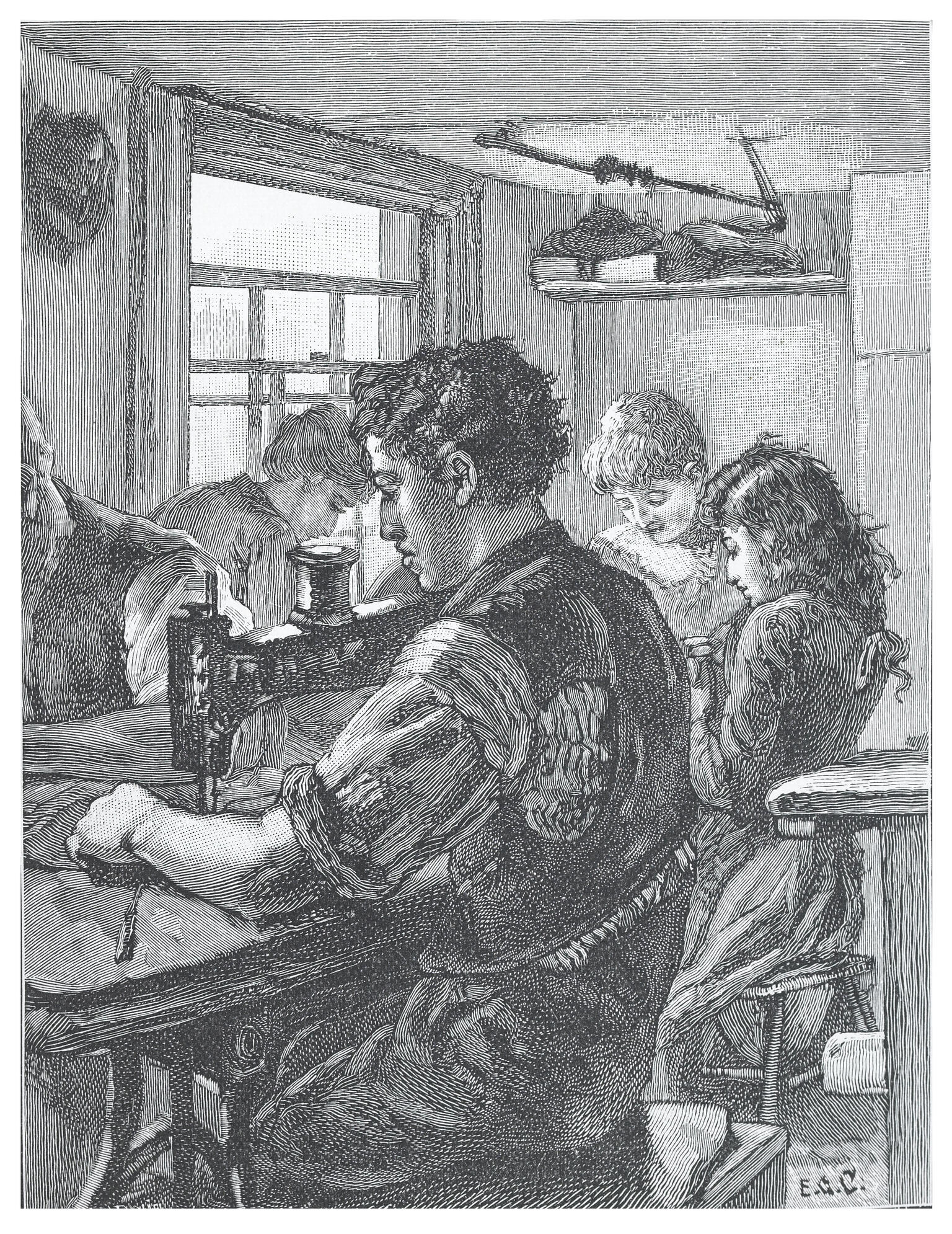 Illustration of four figures sitting at a table, sewing.