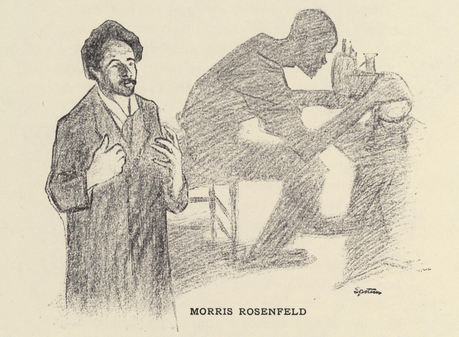 Drawing of figure standing in foreground with a shadowy figure seated at a desk in the background.