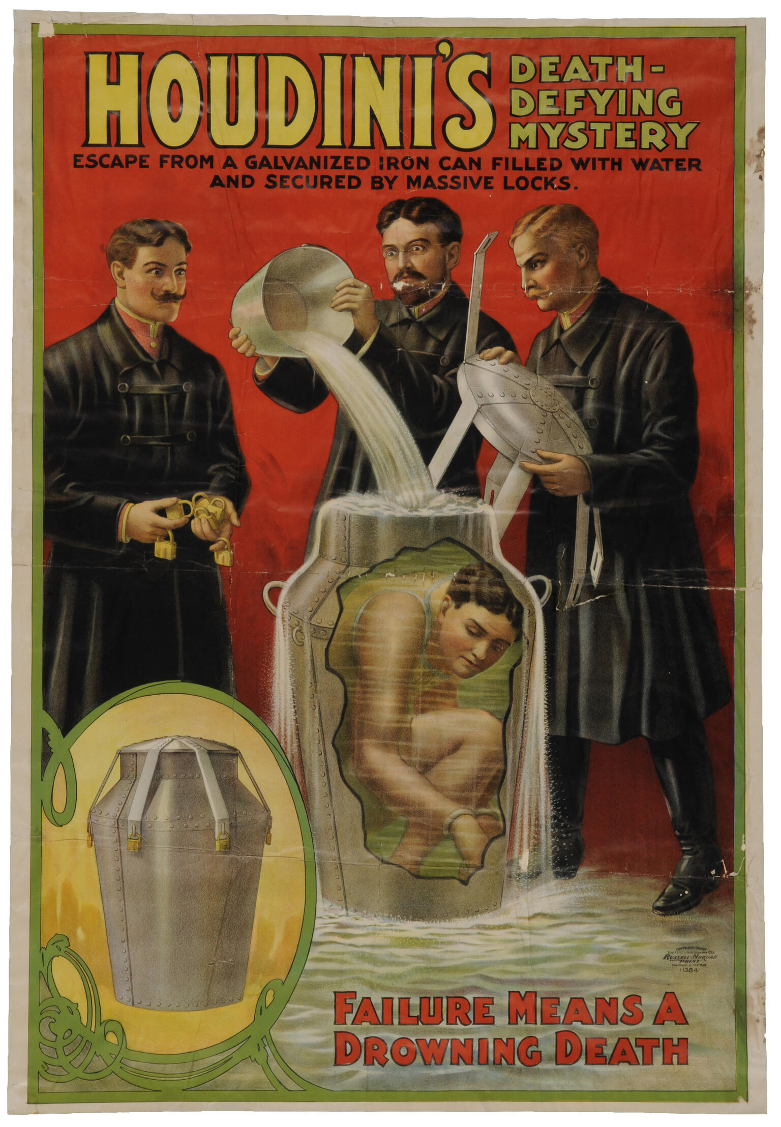 Poster of men pouring water over man sitting in can filled with water and secured by locks.