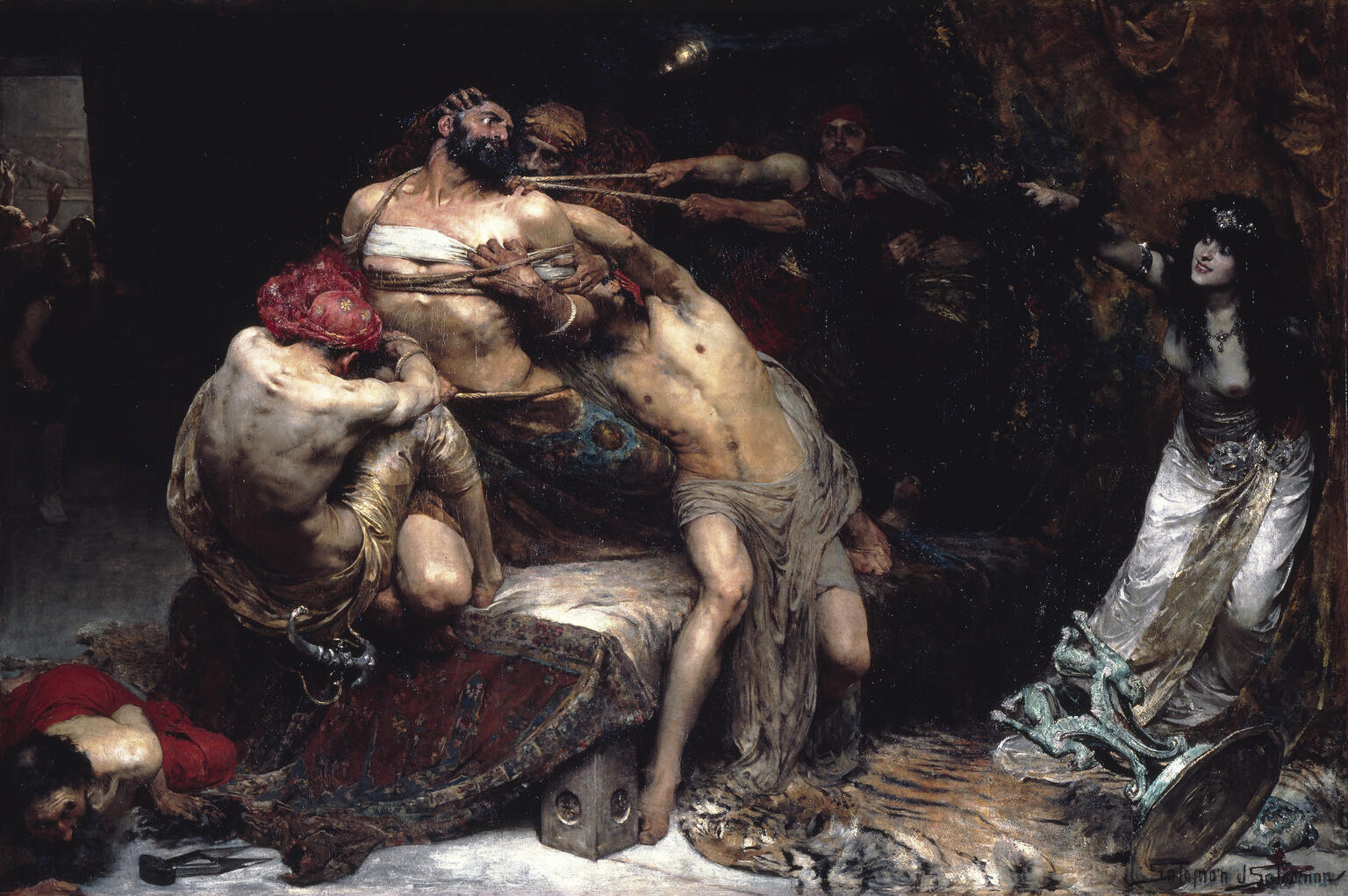Painting of semi-nude man tied with rope held by other men with semi-nude woman in foreground and other people in background pointing at him.