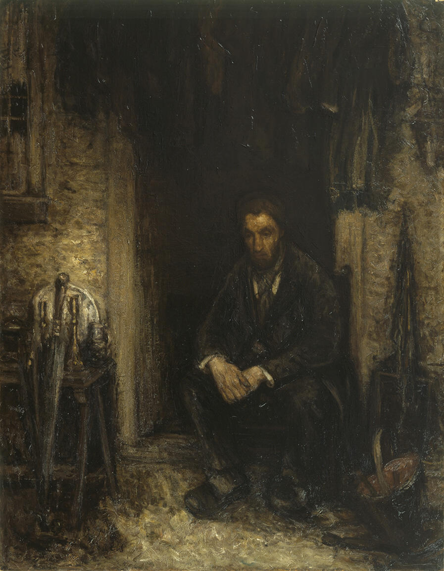 Portrait painting of figure seated in doorway next to several umbrellas. Portrait painting of figure seated in doorway next to several umbrellas.