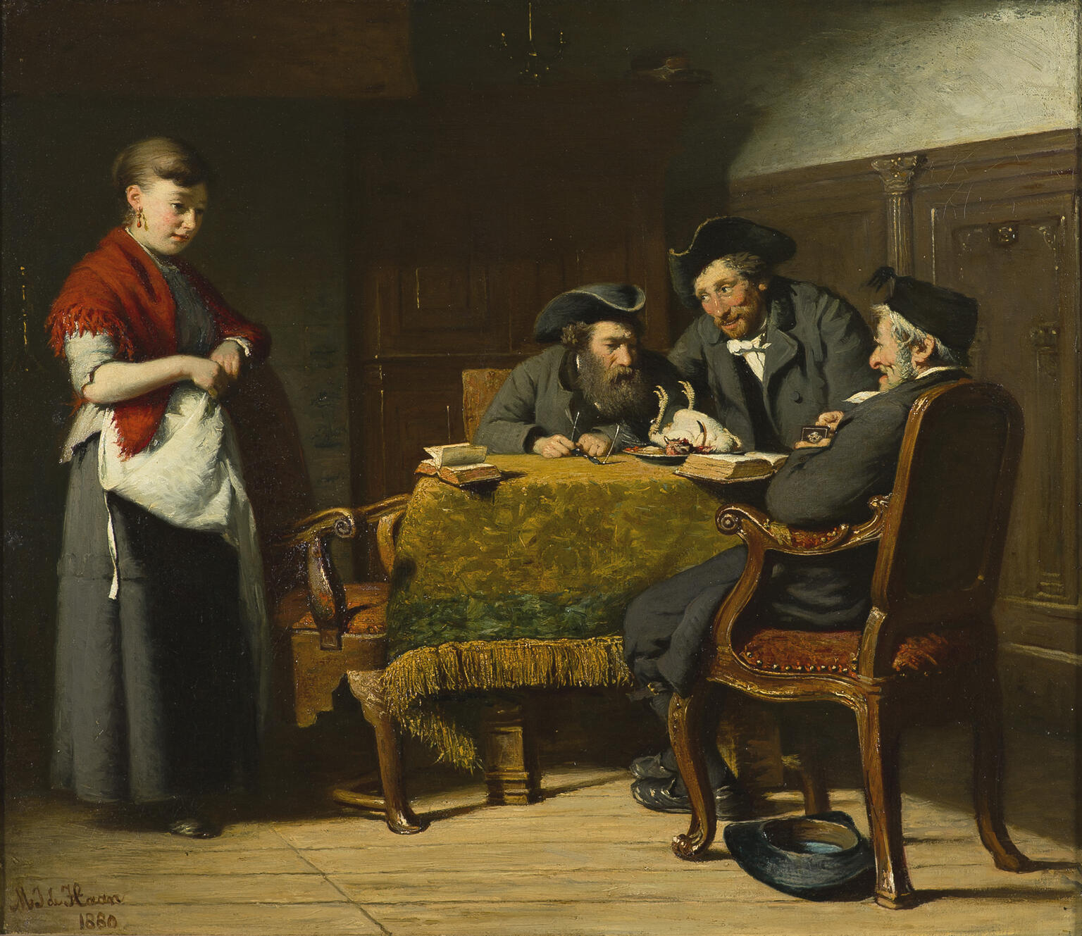 Painting of young woman standing next to three men seated at a table with open books.
