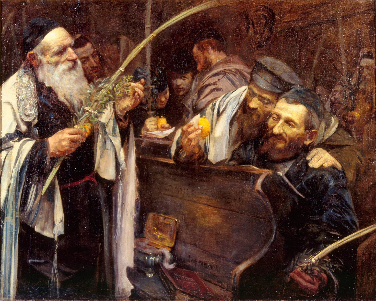 Painting of man in prayer shawl holding fronds and standing next to men on bench holding citrus fruit.