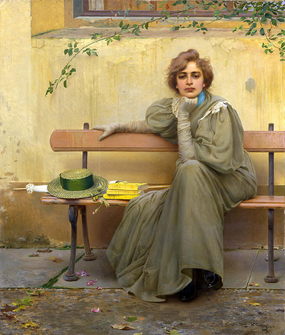 Portrait painting of woman with her face resting on her fist, seated on a bench next to her books, hat, and umbrella.