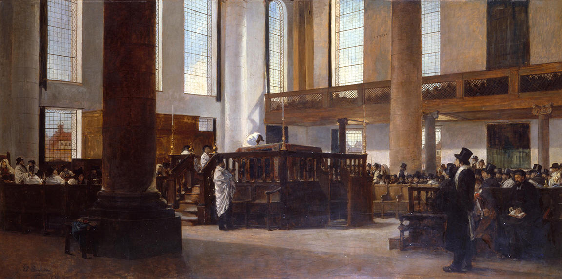 Painting of large interior space, with several men sitting on benches and standing around central platform in prayer shawls.