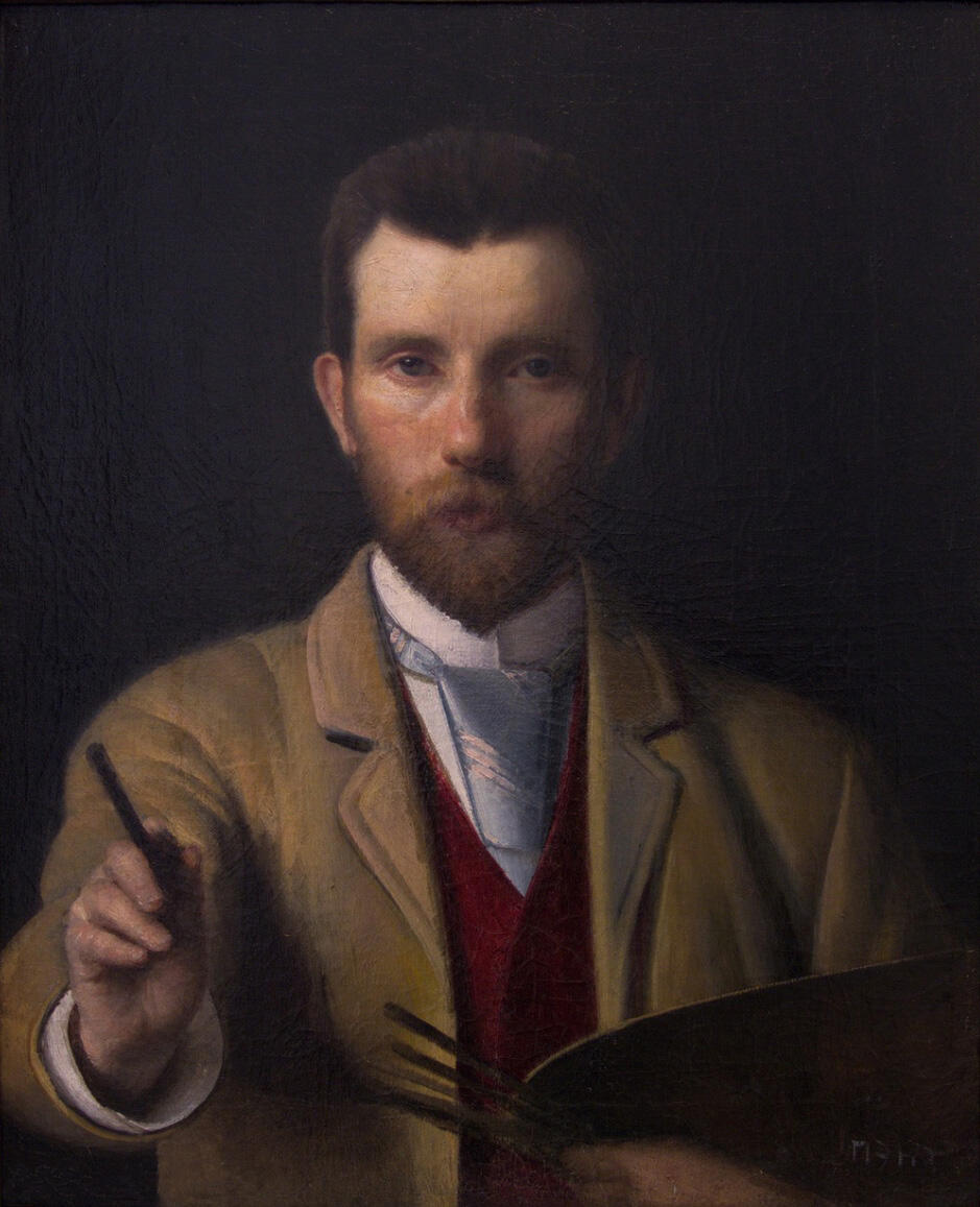 Portrait painting of man in tie looking at viewer, holding paintbrush in one hand and palette in the other.