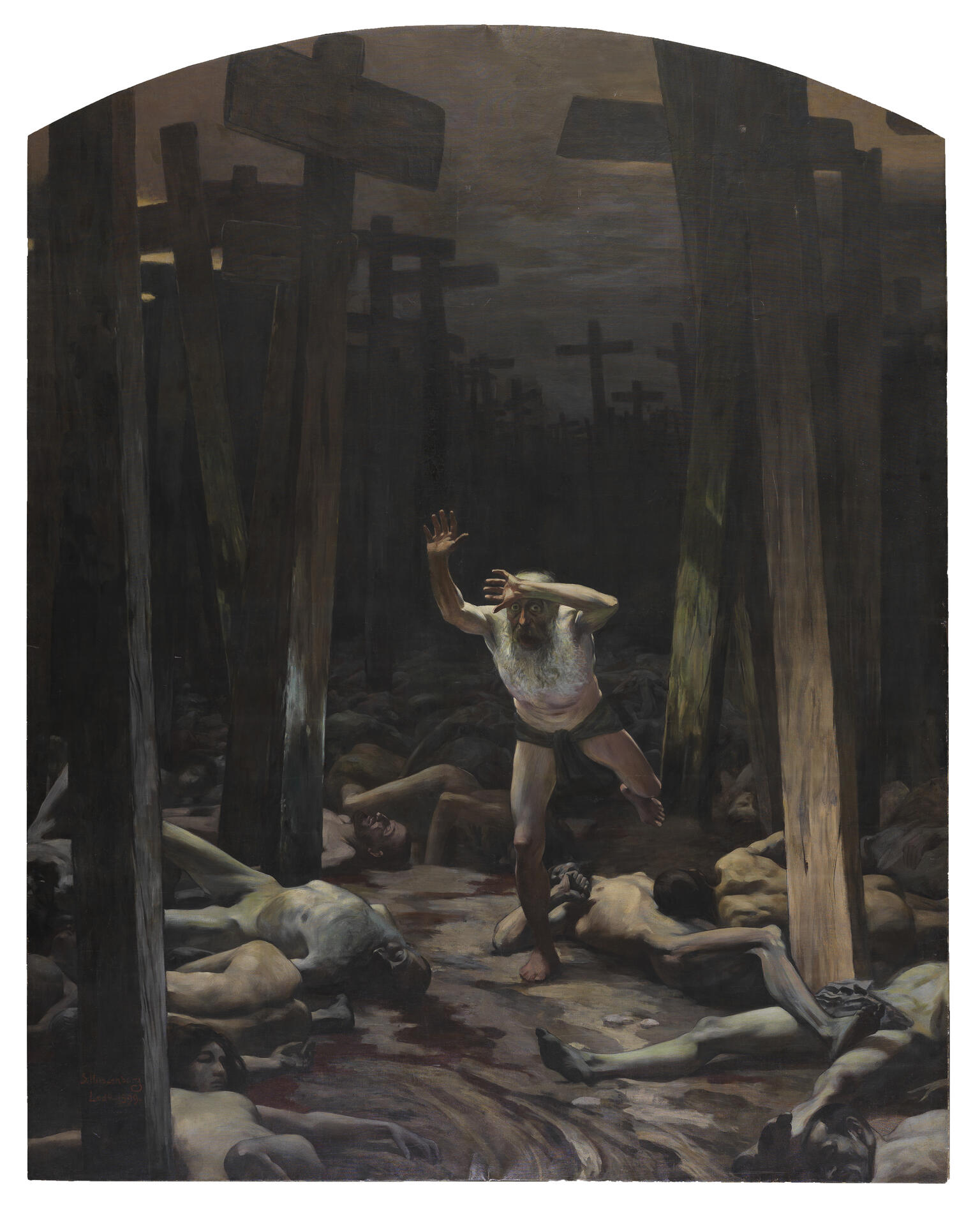 Painting of wide-eyed man walking through dead bodies and crucifixes. Painting of wide-eyed man walking through dead bodies and crucifixes.