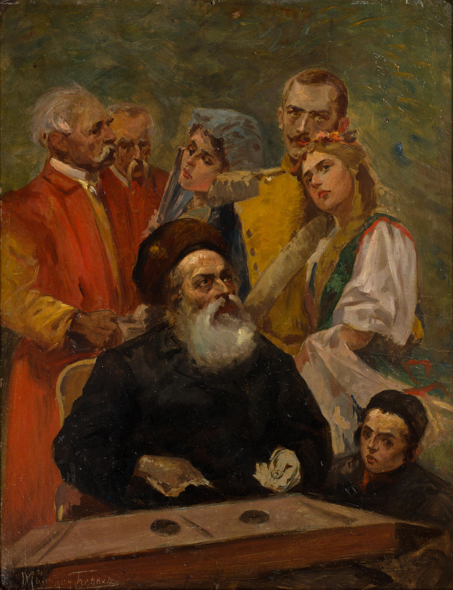 Painting of people with attentive expressions standing around seated, bearded figure.