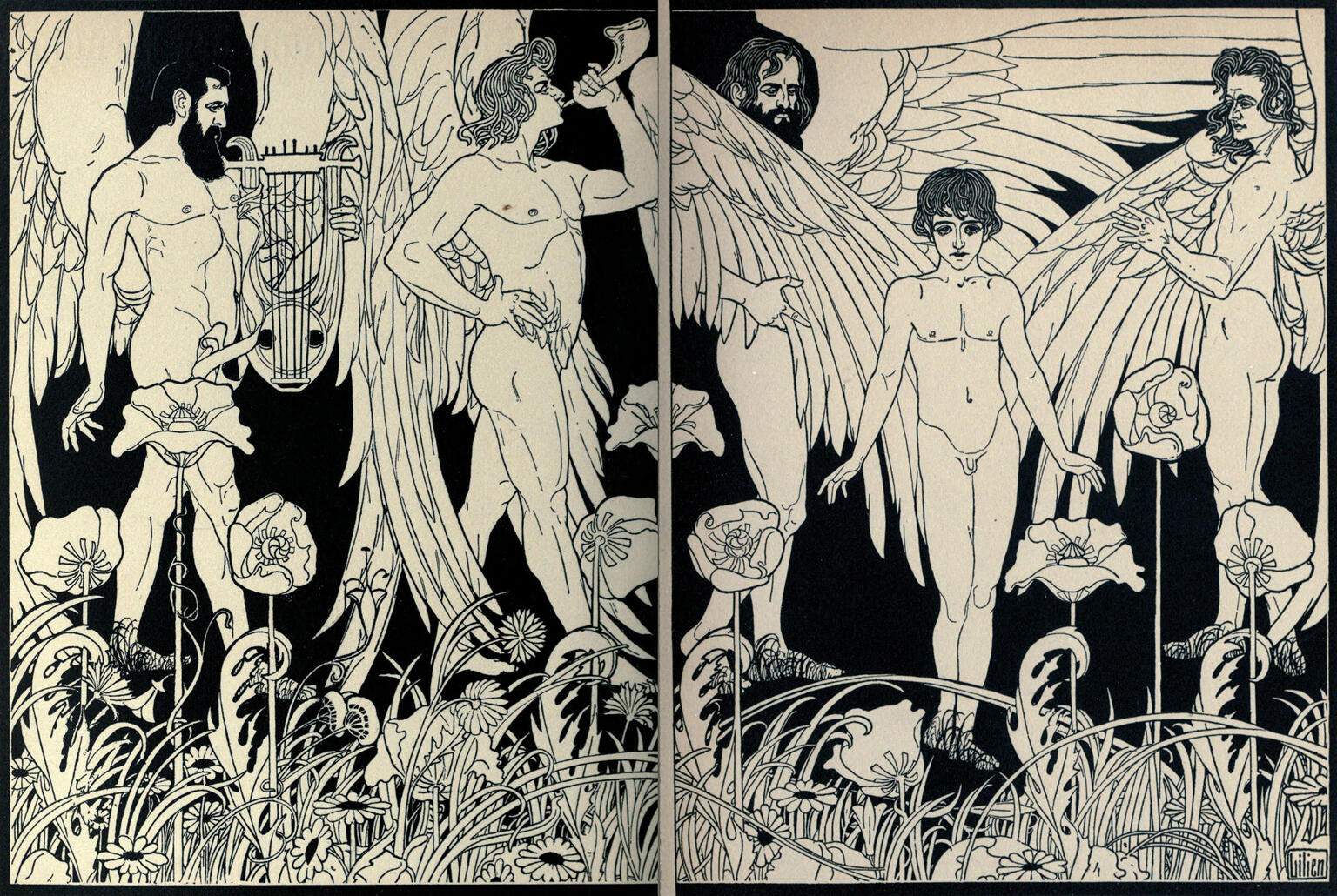 Illustration of angels amongst flowers with shofar and biblical lyre.