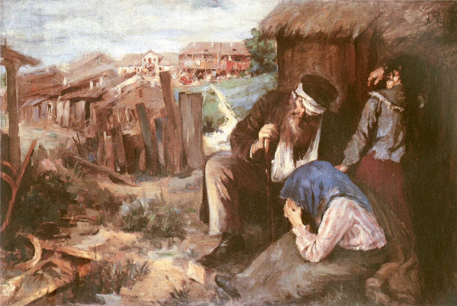 Painting of woman crying next to man and child amid ruins in foreground, and city in background. Painting of woman crying next to man and child amid ruins in foreground, and city in background.