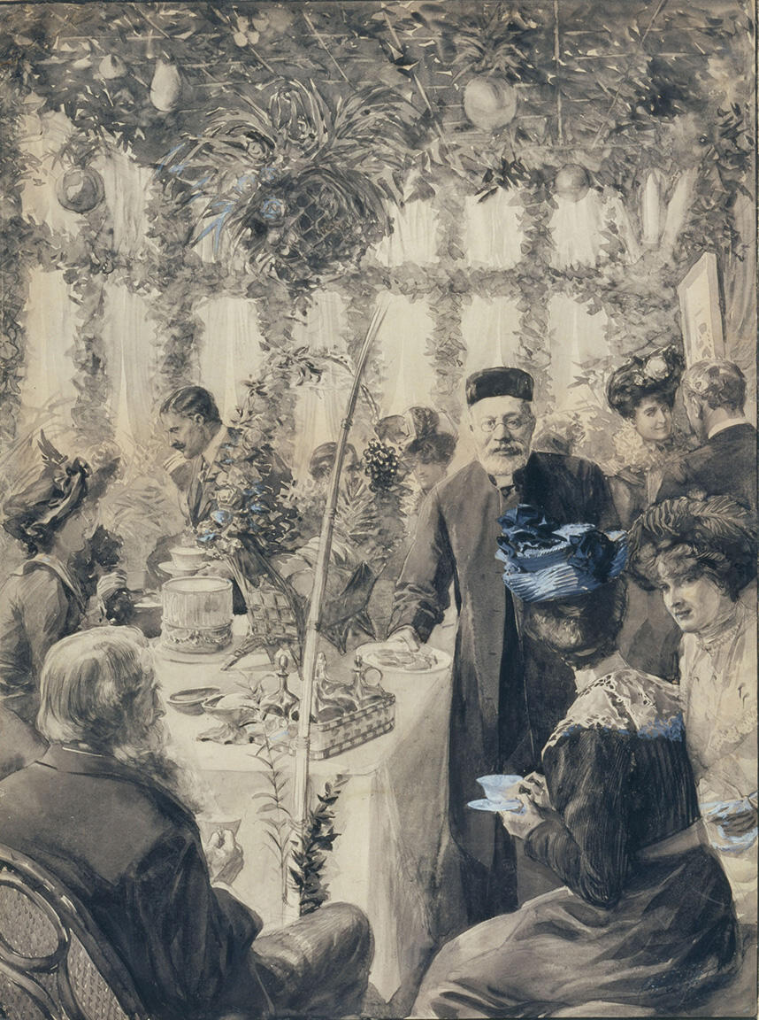 Painting of several well-dressed figures seated at tables in an interior space decorated with vines.