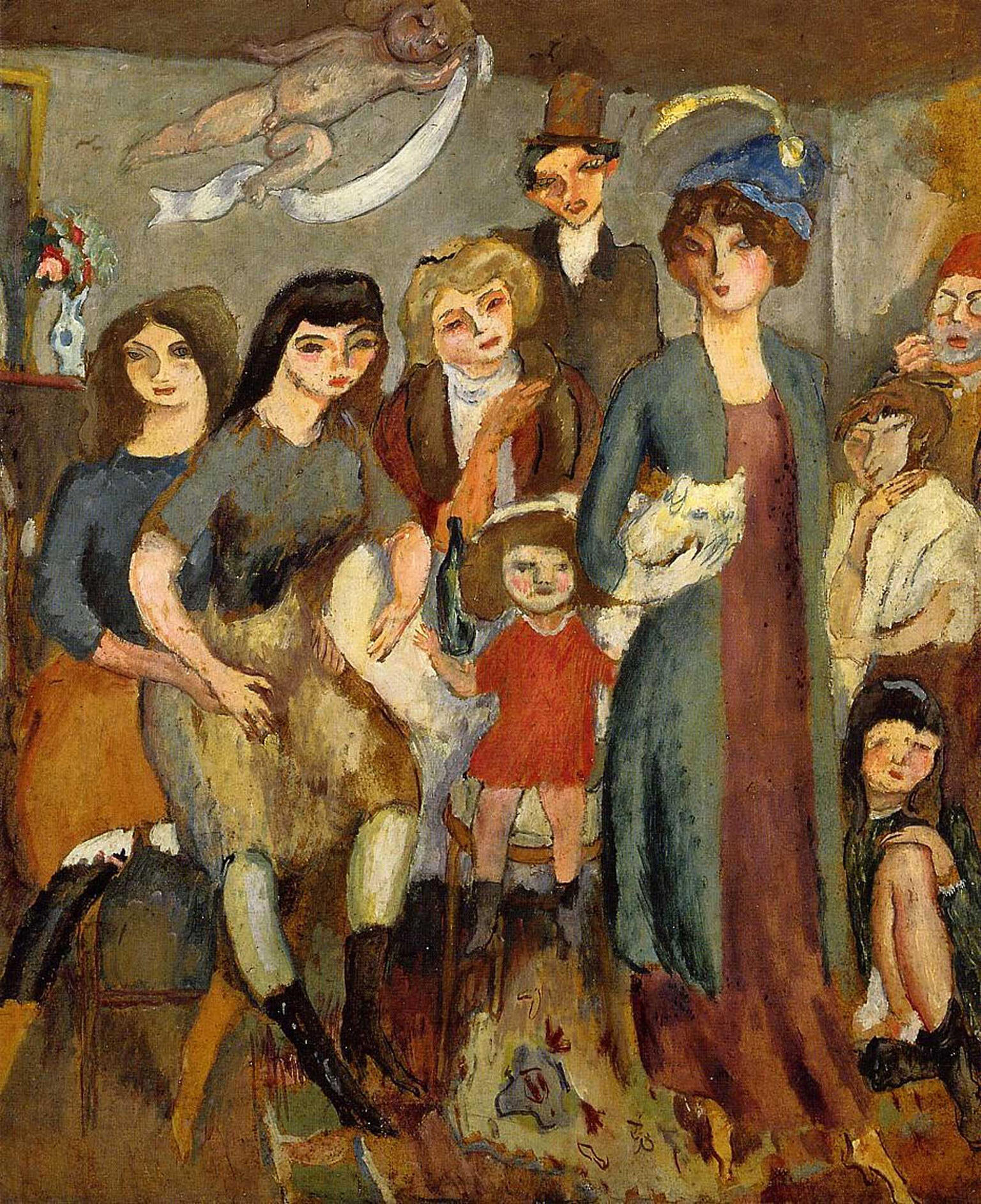 Painting of several women facing viewer, and cherub overhead.