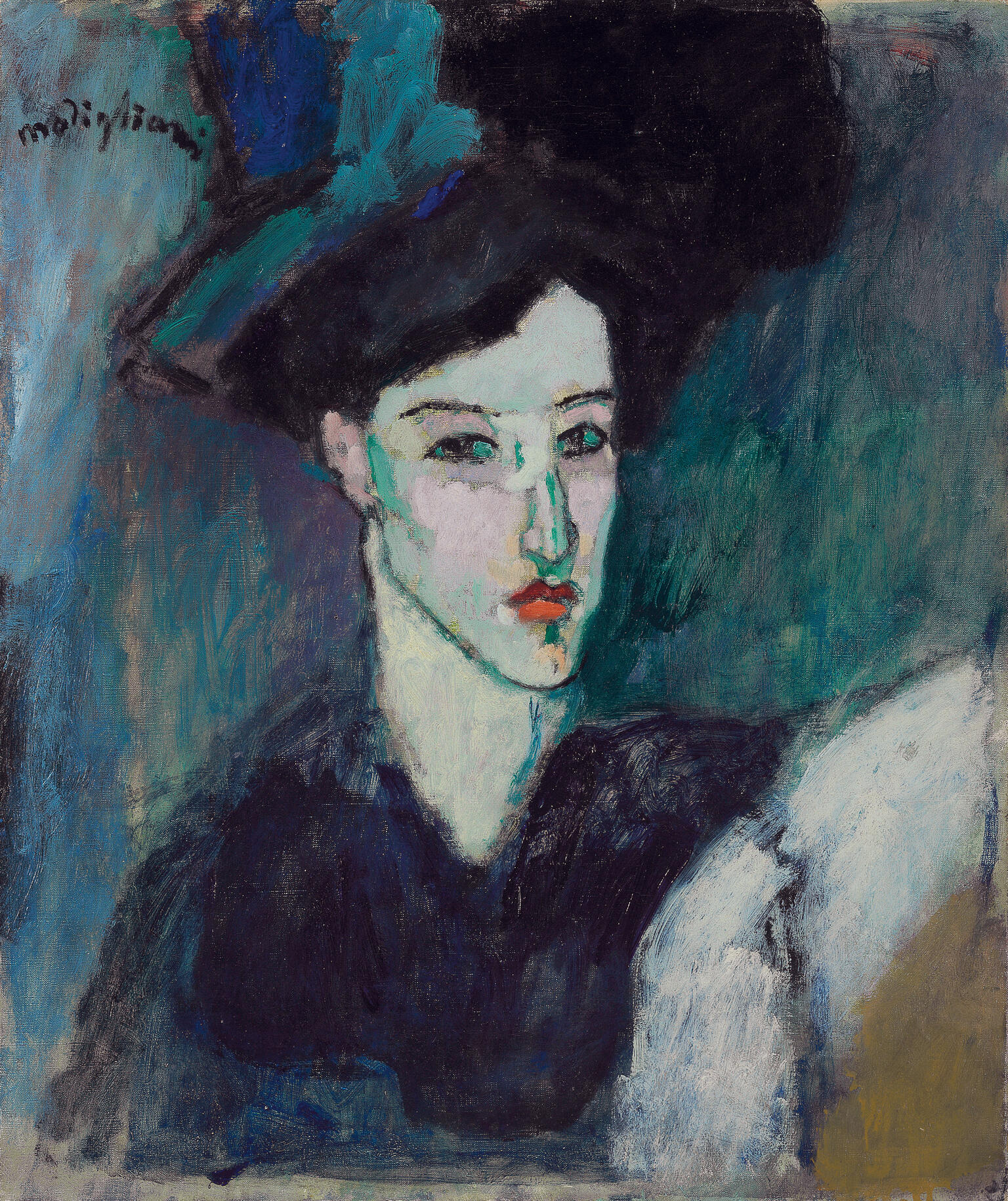 Painting of figure facing viewer and wearing large hat. Painting of figure facing viewer and wearing large hat.