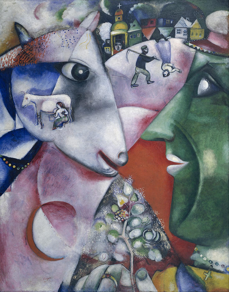 Painting of sheep head and human head in profile facing each other, overlaid with overlapping smaller animals, human figures, houses, tools, and trees.