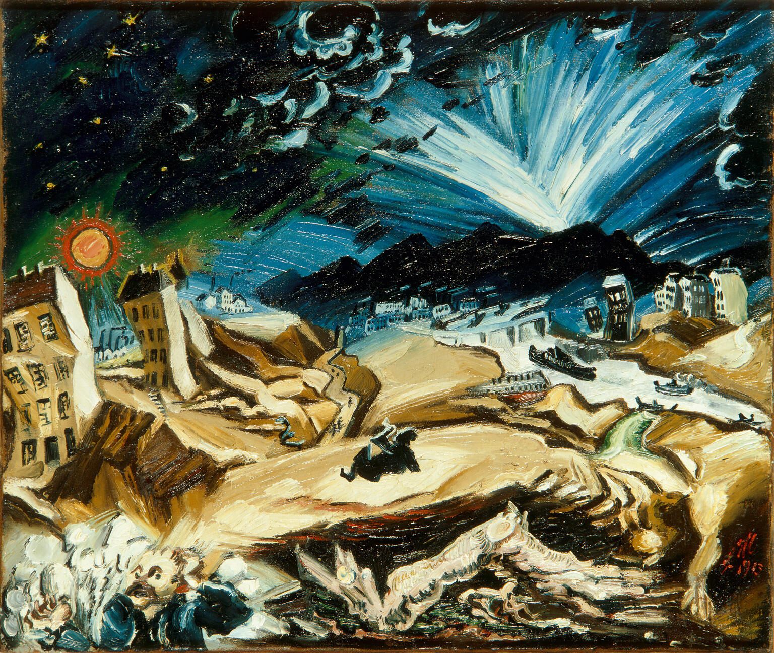Painting of sagging buildings, uneven ground, and an explosion in the background. Painting of sagging buildings, uneven ground, and an explosion in the background.