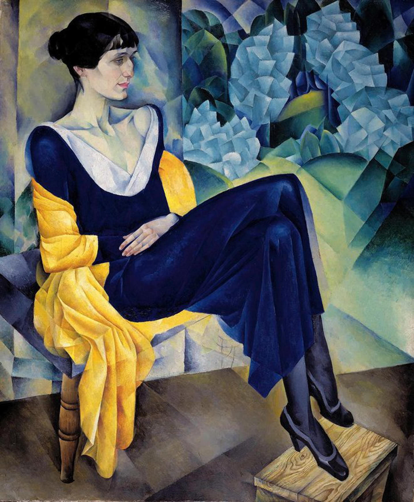 Portrait painting of seated figure in dress with feet on stool. Portrait painting of seated figure in dress with feet on stool.