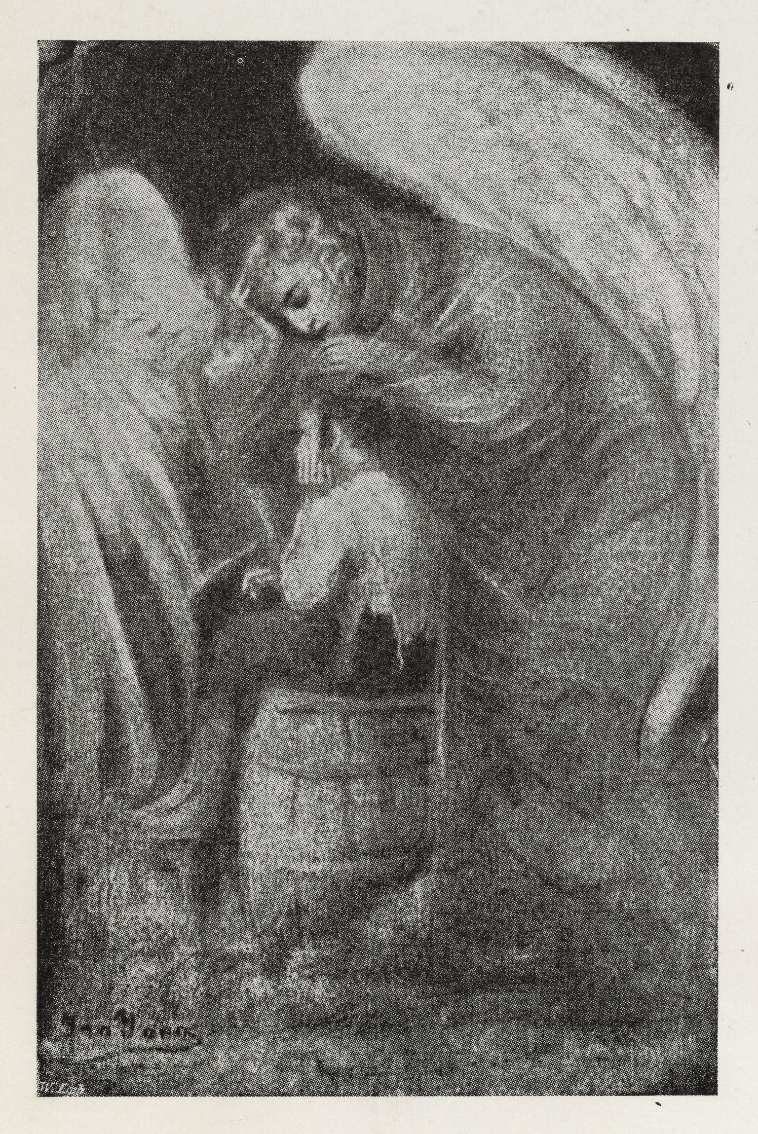 Painting of angel with hand resting on the head of a young boy seated on a barrel. Painting of angel with hand resting on the head of a young boy seated on a barrel.