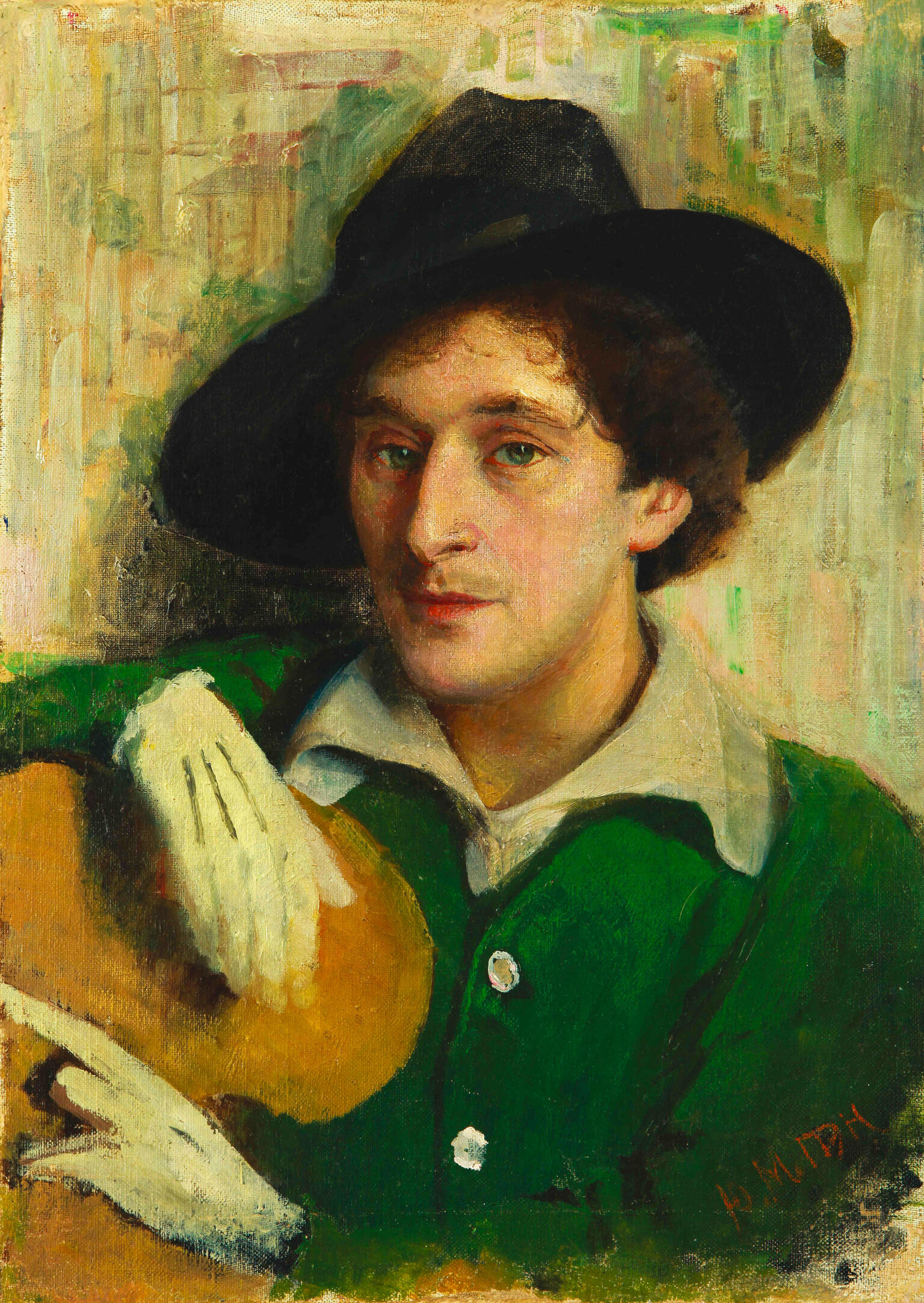 Painting of man in hat holding palette and looking at viewer.