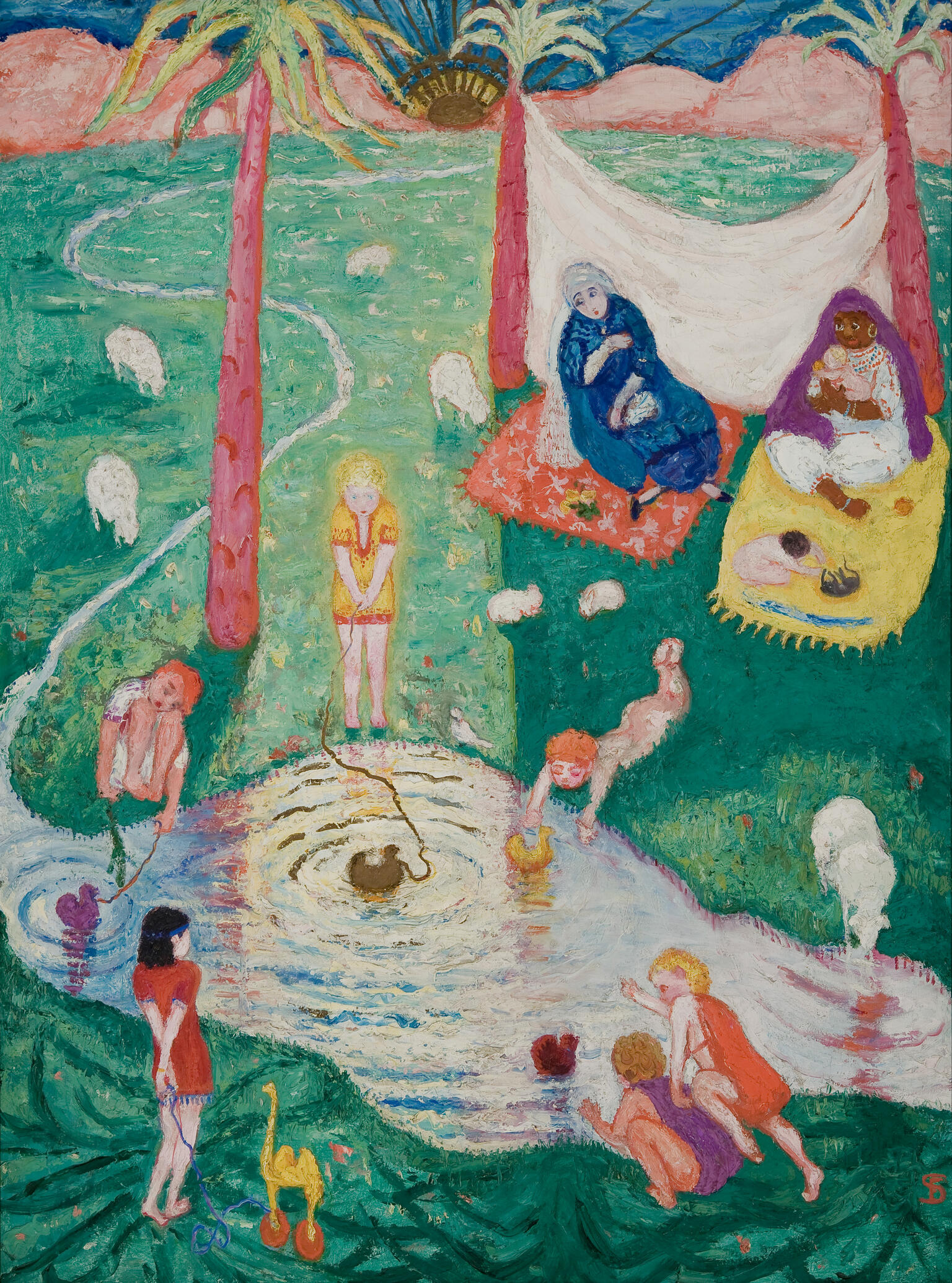 Painting of several people and animals dotted around landscape of ponds, trees, and hills.