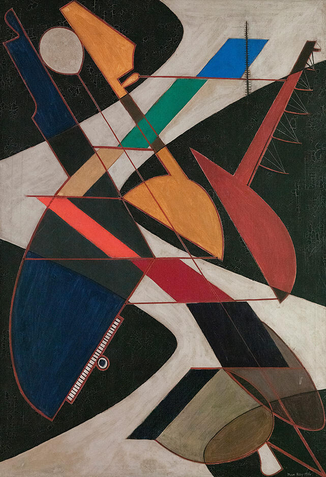 Abstract painting of adjoining shapes that resemble a grand piano, musical staff, and string instruments. Abstract painting of adjoining shapes that resemble a grand piano, musical staff, and string instruments.