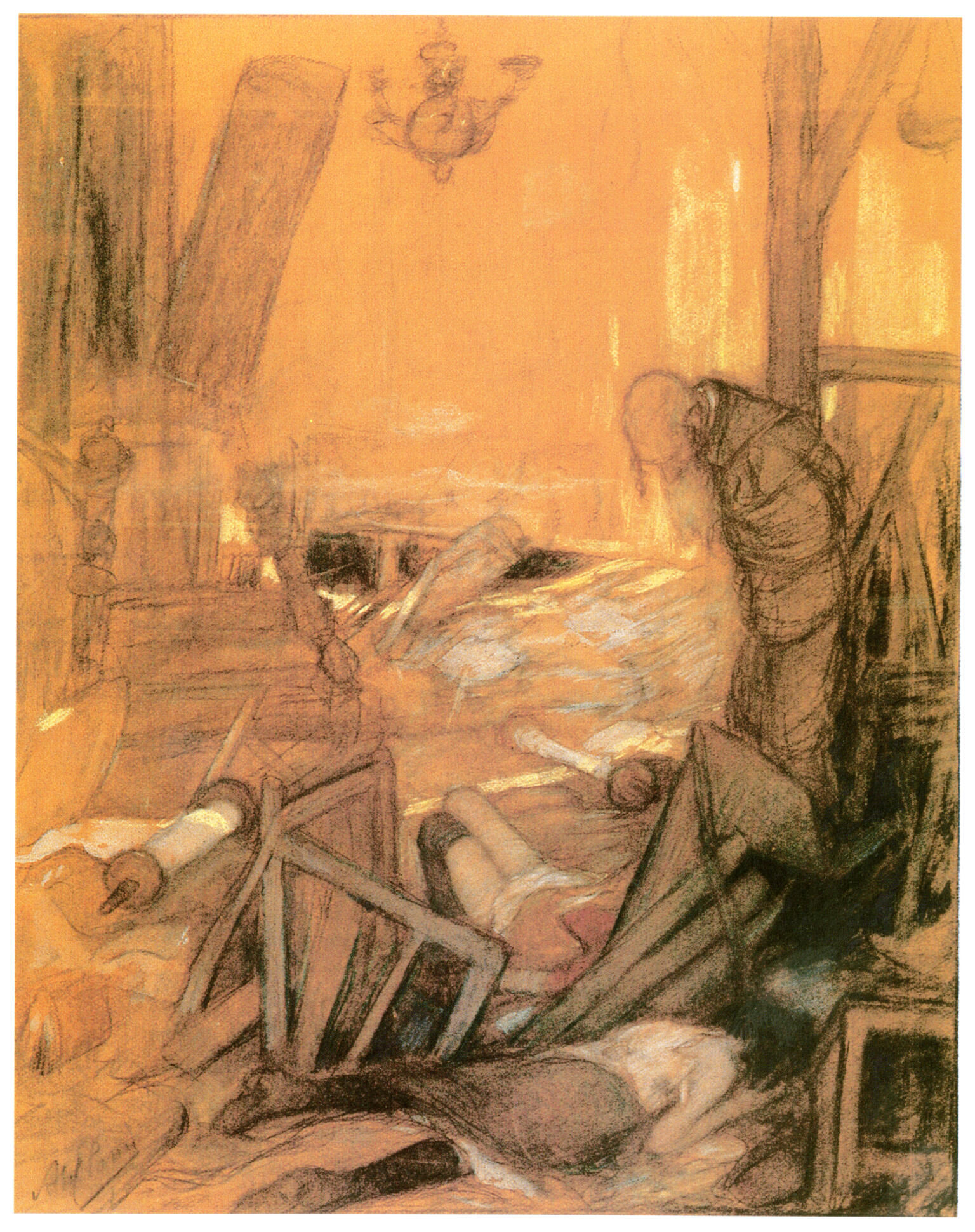 Sketch of man gazing down at a woman on the ground amid ruins of a building. Sketch of man gazing down at a woman on the ground amid ruins of a building.