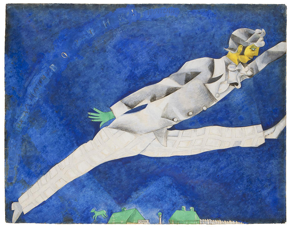 Painting of stylized figure in profile leaping through the air over rooftops.