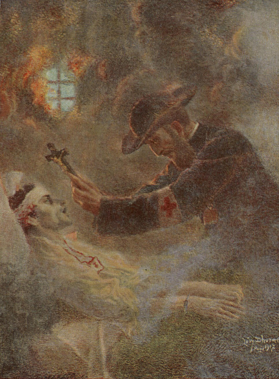 Painting depicting man in hat holding a crucifix over a dying man in a bed.