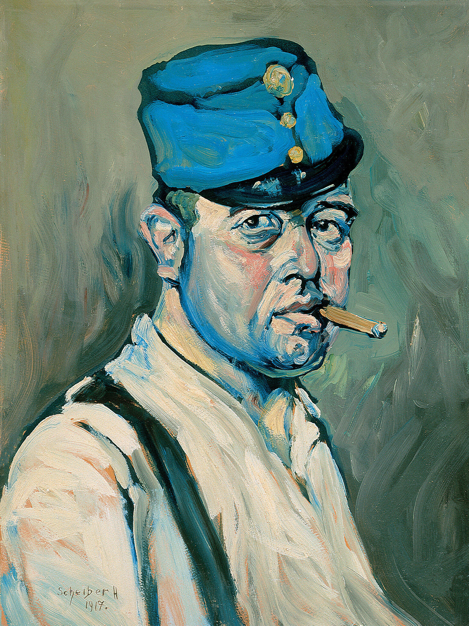 Portrait painting of man facing viewer, wearing hat and suspenders and holding cigarette in his mouth.