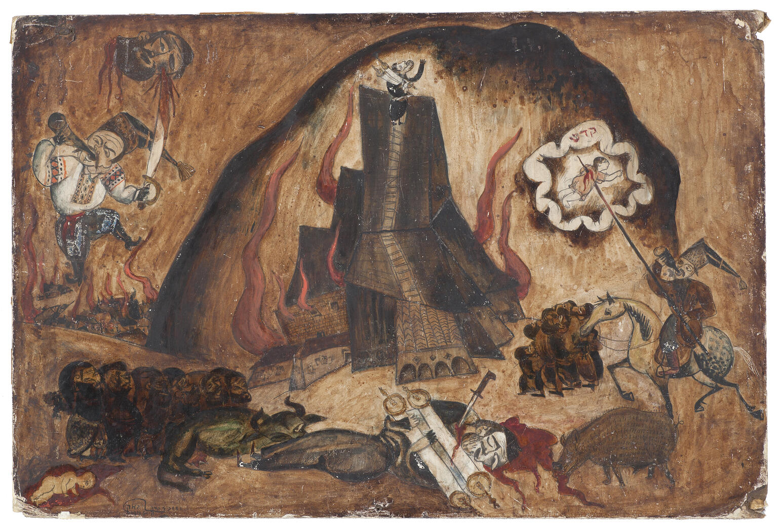 Painting of central rock-like formation surrounded by figures charging with bloody swords, and bloody figure lying on ground clutching a Torah scroll. Painting of central rock-like formation surrounded by figures charging with bloody swords, and bloody figure lying on ground clutching a Torah scroll.