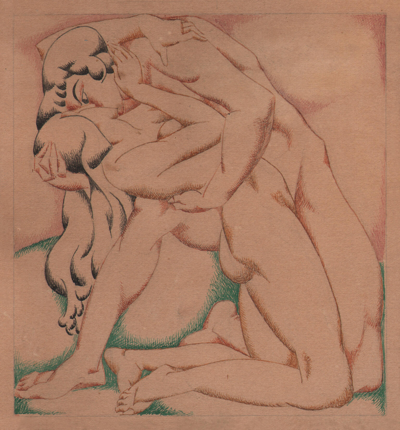 Drawing of two nude figures embracing.
