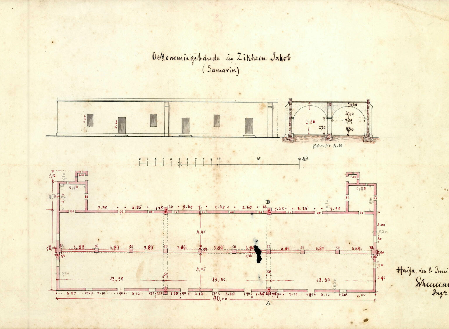 Paper showing plans for two buildings with measurements on each side.