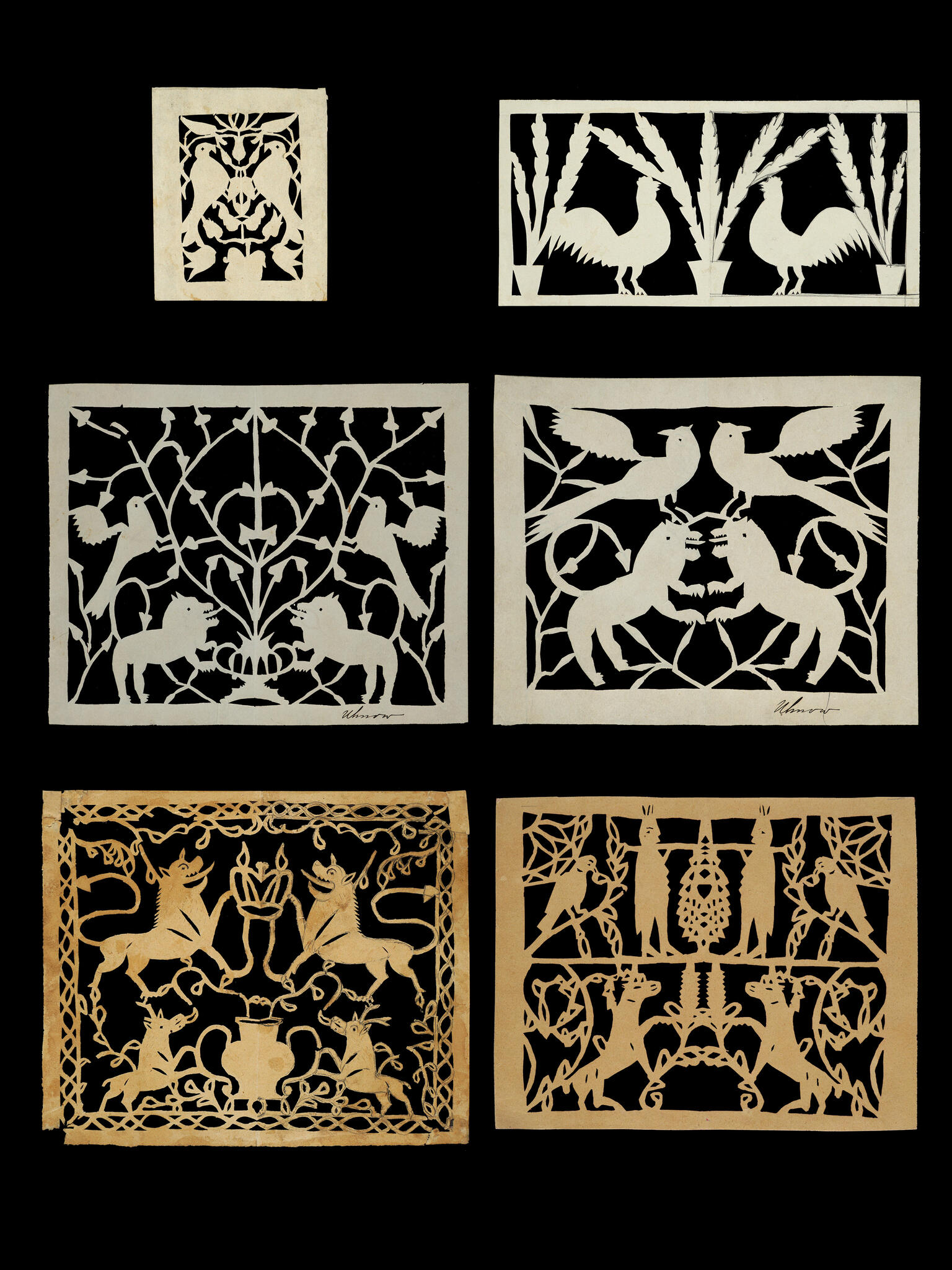 Six woodcut illustrations featuring mirror images of lions, birds, other animals, and flowers on vertical plane.
