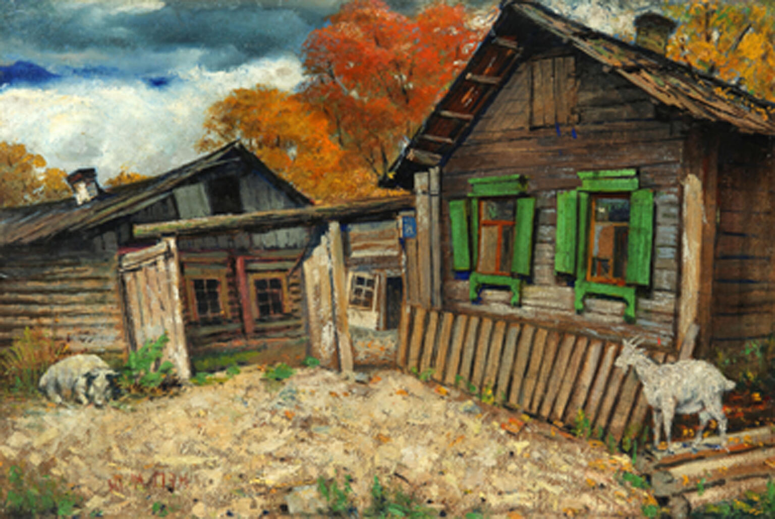Painting of wood house with goat and pig in yard. Painting of wood house with goat and pig in yard.