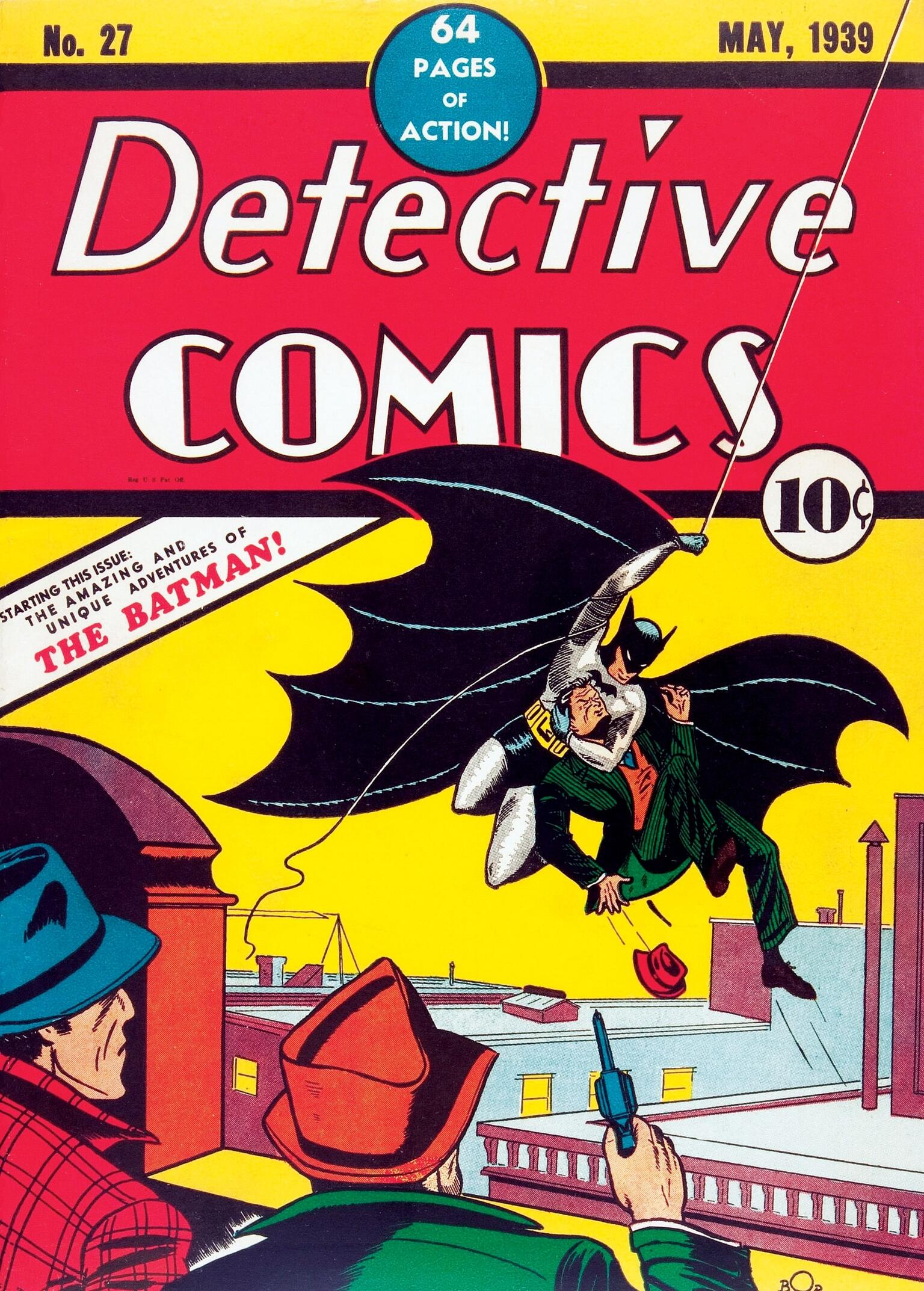 Cover page of comic featuring man with bat wings outstretched swinging through the air over buildings with a villain under his arm as two detectives watch, and heading "Detective Comics" across the top. Cover page of comic featuring man with bat wings outstretched swinging through the air over buildings with a villain under his arm as two detectives watch, and heading "Detective Comics" across the top.