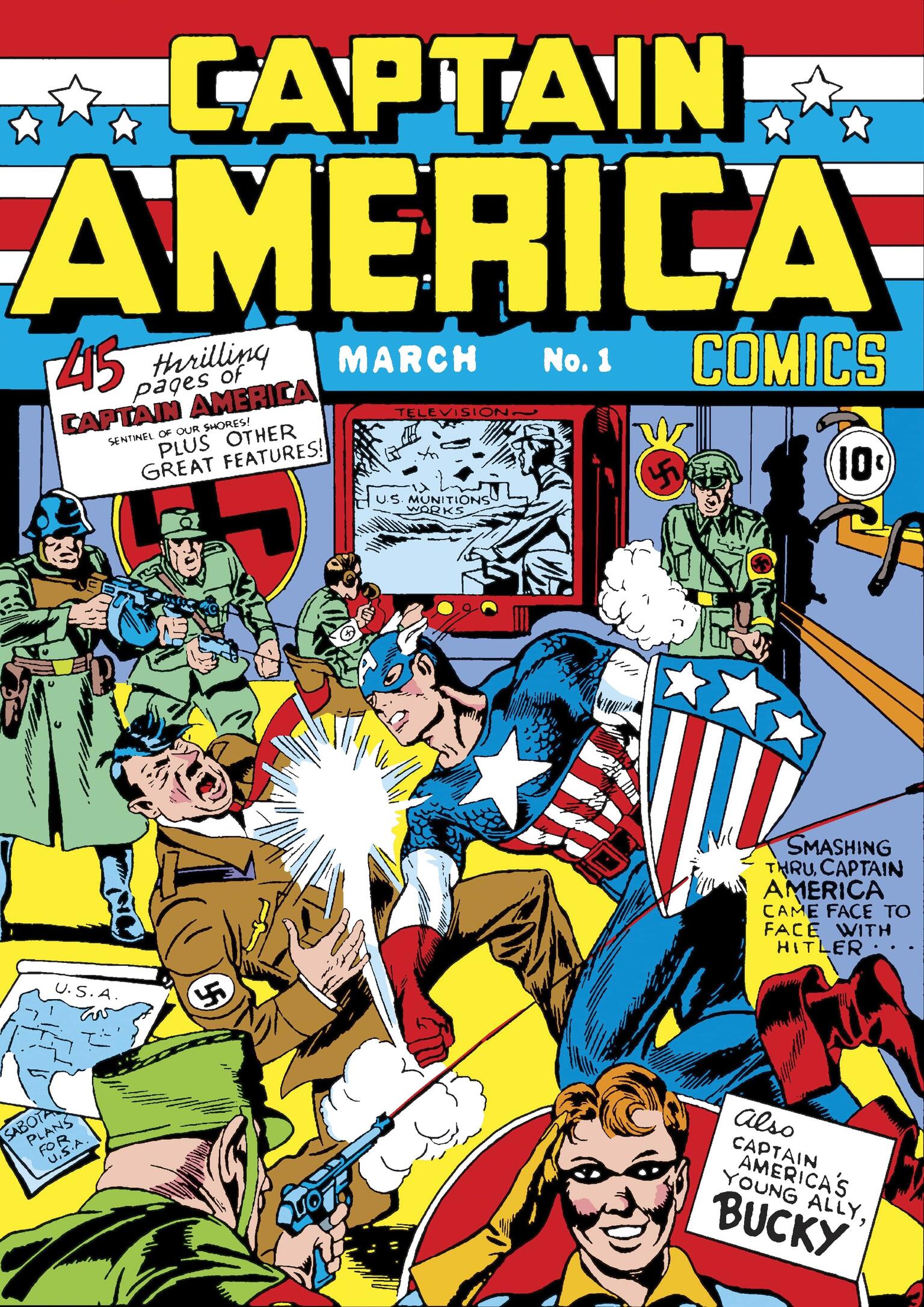 Comic cover featuring superhero in American patriotic outfit punching Hitler in the face, surrounded by papers depicting invasions, a TV screen, and fascist soldiers with weapons; heading in English across the top. Comic cover featuring superhero in American patriotic outfit punching Hitler in the face, surrounded by papers depicting invasions, a TV screen, and fascist soldiers with weapons; heading in English across the top.