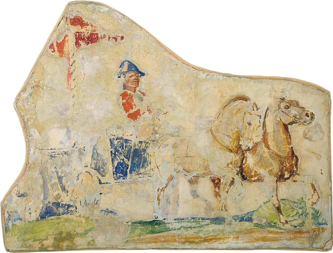 Portion of wall fresco depicting carriage, carriage driver, and two horses.
