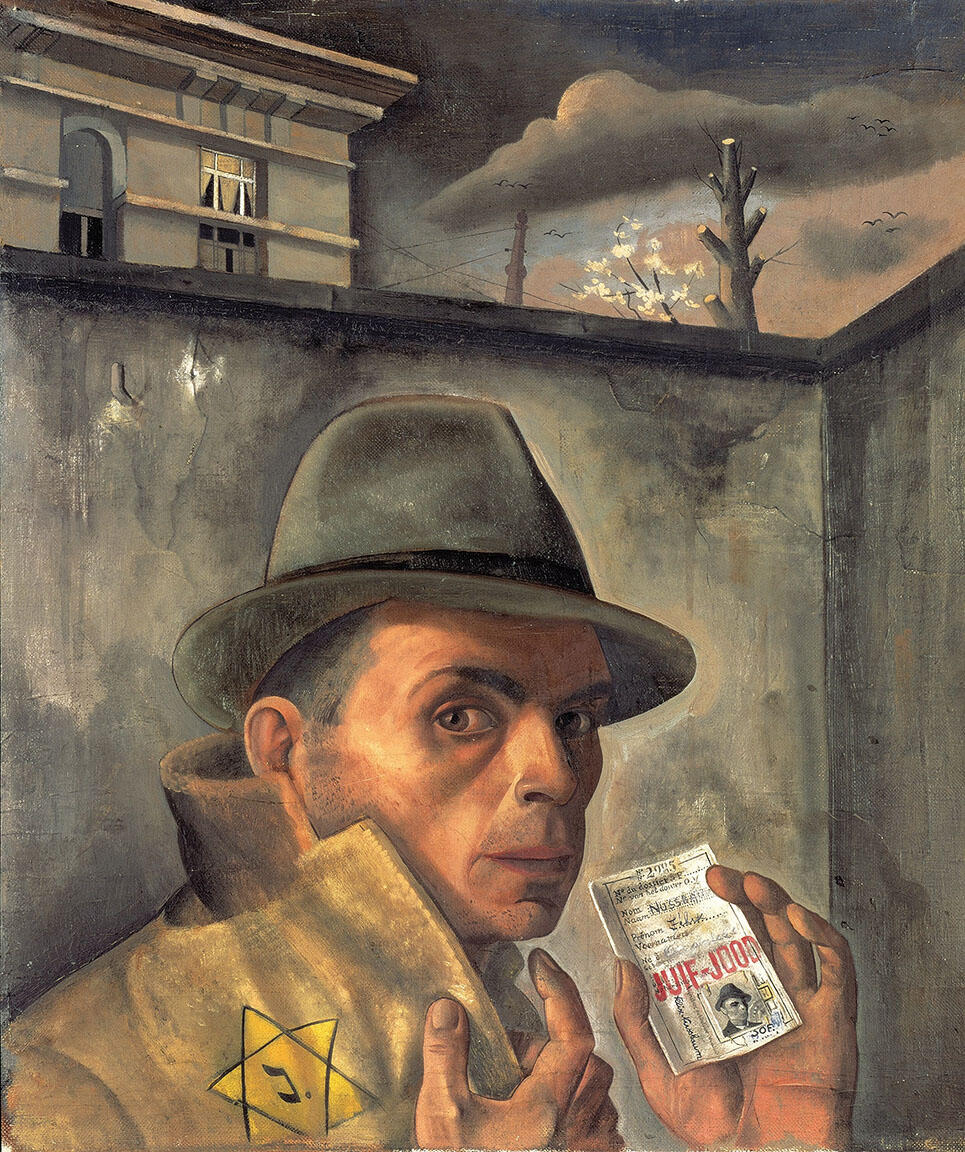 Painting of man in a black hat looking at viewer, lifting his coat collar with his right hand to reveal a yellow Star of David badge and holding up an identity card with his left hand. Painting of man in a black hat looking at viewer, lifting his coat collar with his right hand to reveal a yellow Star of David badge and holding up an identity card with his left hand.