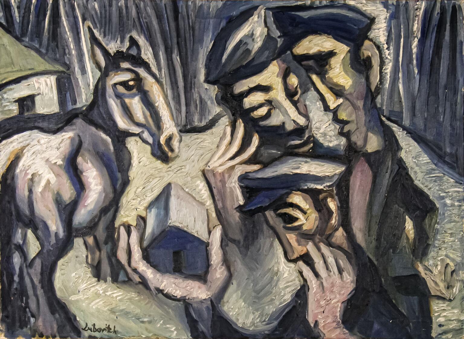 Painting of abstract representations of three men, one of whom is holding a small house, standing in front of a horse and house. Painting of abstract representations of three men, one of whom is holding a small house, standing in front of a horse and house.