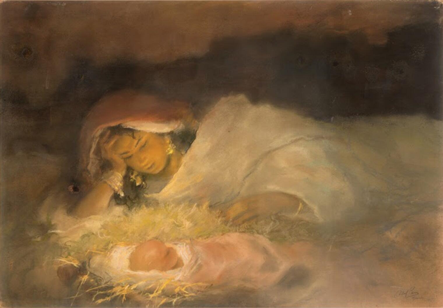 Painting of woman lying down, with her head propped up by her hand as she watches the baby lying next to her. Painting of woman lying down, with her head propped up by her hand as she watches the baby lying next to her.