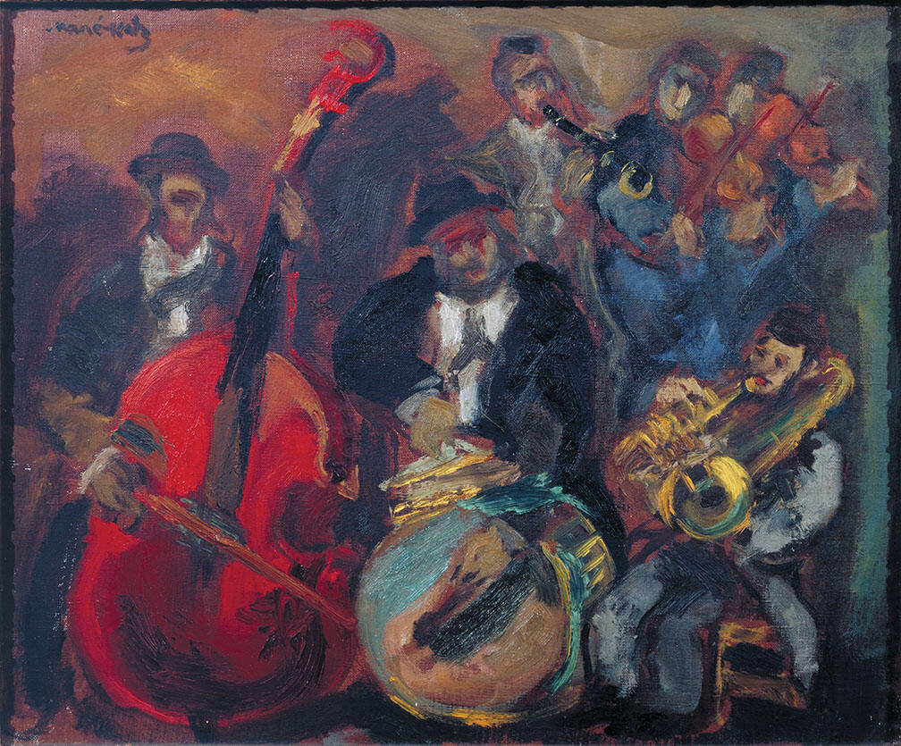 Abstract painting of musicians performing, with bearded man in hat and jacket sitting in center playing a large drum, man to the left standing in hat and jacket and playing double bass, man to the right seated and playing tuba, and other musicians in the background.