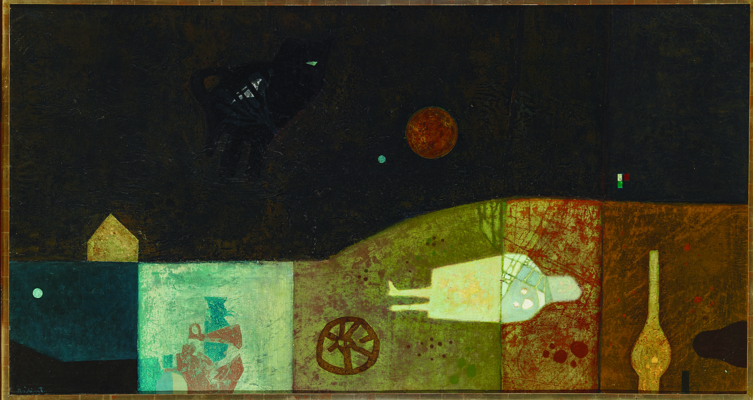 Surrealist-style landscape painting featuring an animal and moon in the sky, house in landscape, and a horizontal figure, wheel, and vase beneath the ground.