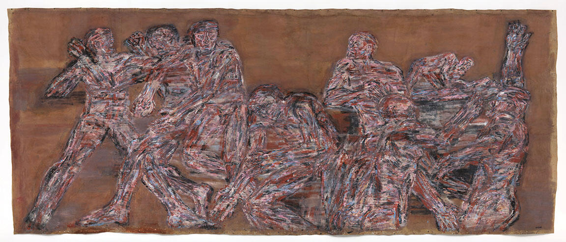 Abstract painting depicting figures morphing into one another during battle.