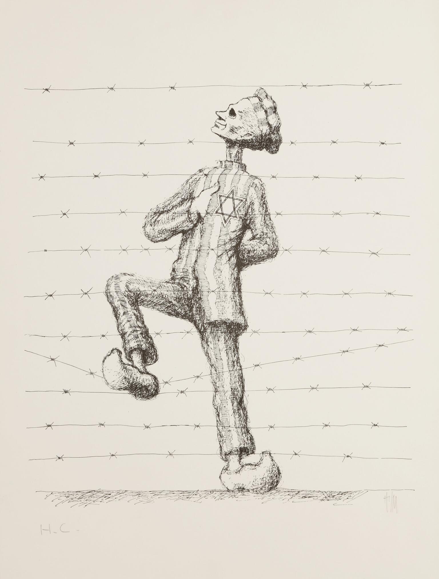 Drawing of full body profile of man behind barbed wire with foot propped on wire, dressed in prisoner uniform with Star of David badge on breast and right hand tucked in uniform. Drawing of full body profile of man behind barbed wire with foot propped on wire, dressed in prisoner uniform with Star of David badge on breast and right hand tucked in uniform.