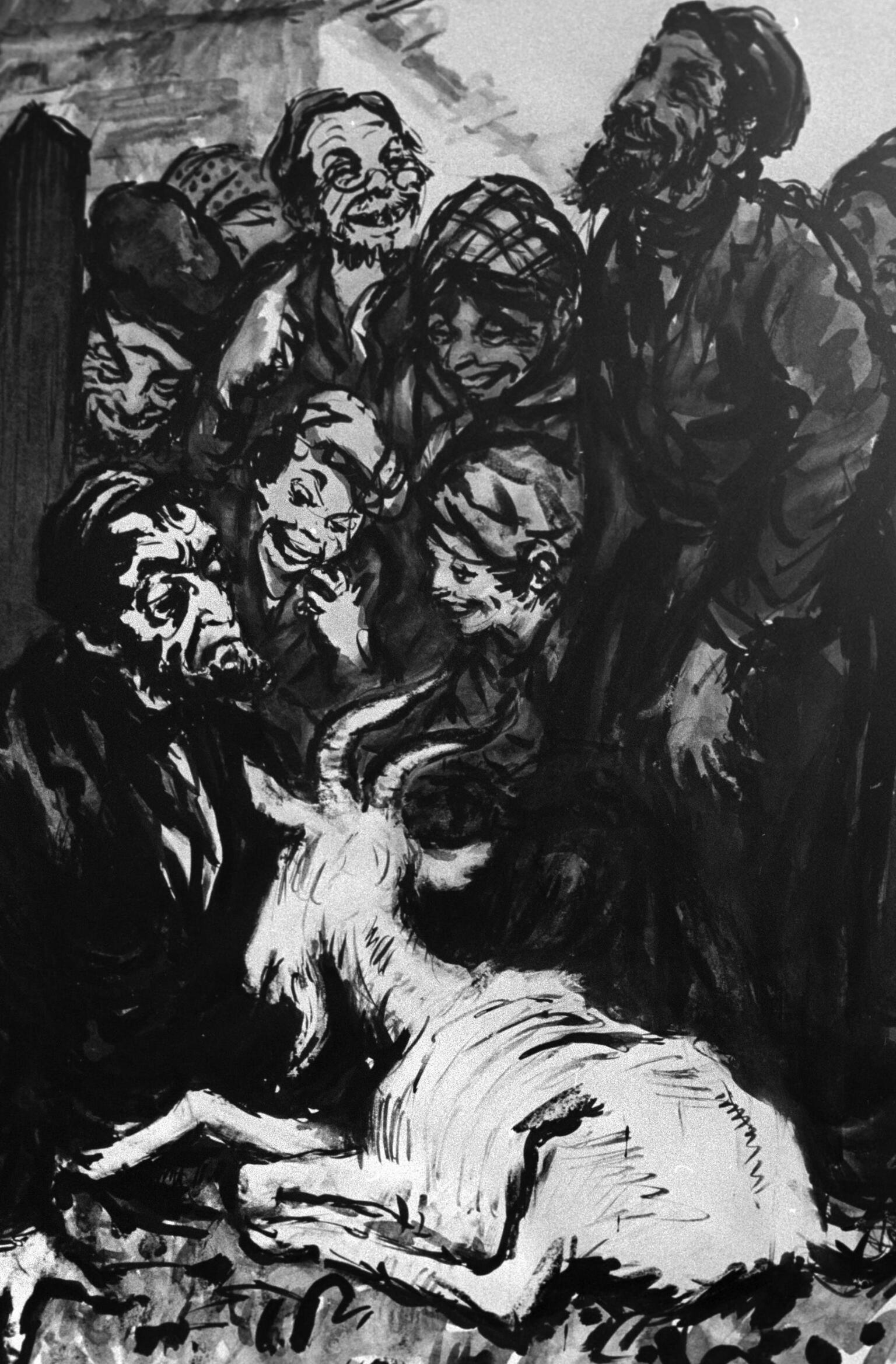 Drawing of people gathered around goat. Drawing of people gathered around goat.