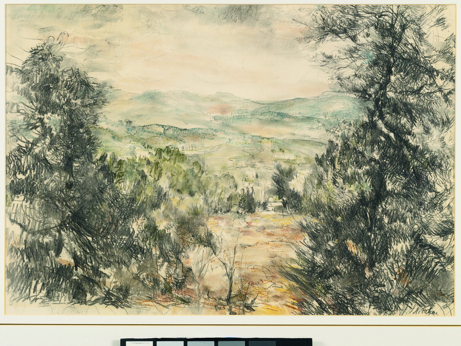Charcoal, crayon, and pencil drawing of landscape filled with trees on other side of the foreground and hills in background.