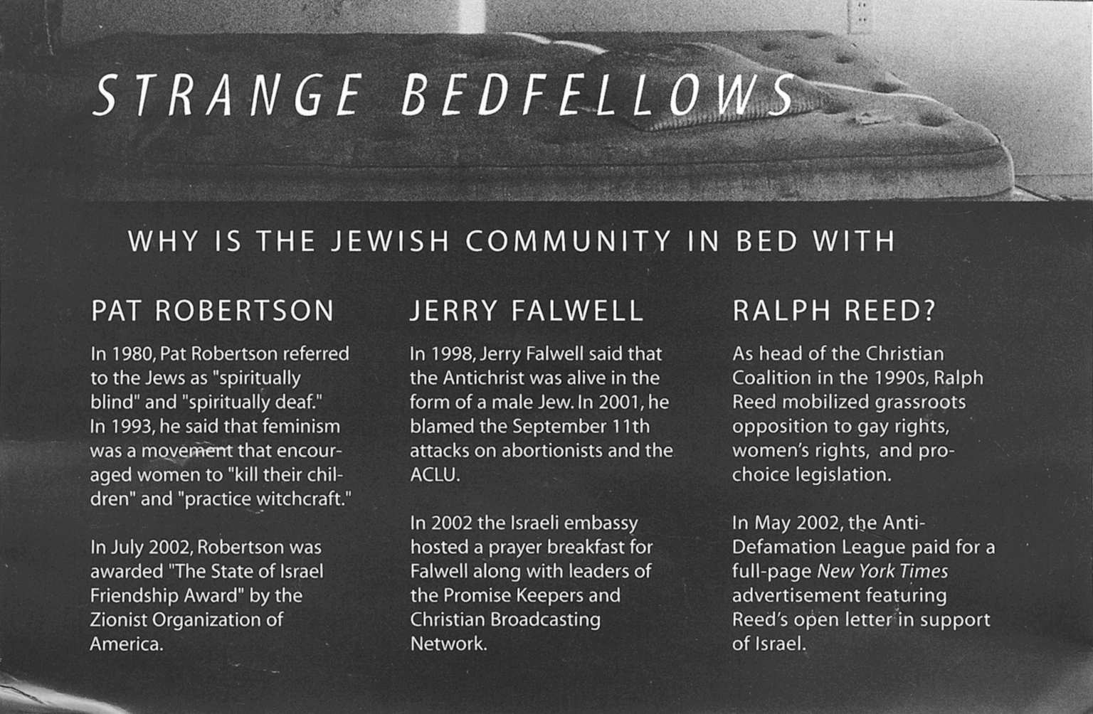 English text about the Jewish community in bed with several people, each of whom has a column of text, with the banner "Strange Bedfellows" across the top superimposed over an image of a mattress. 