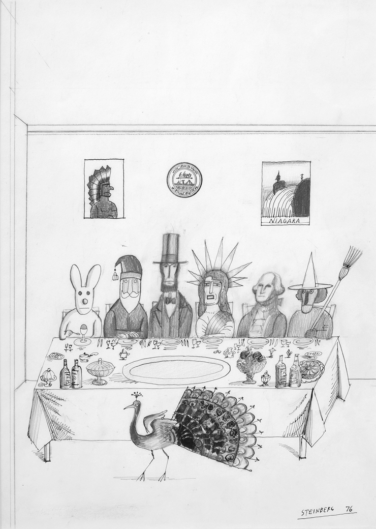 Drawing of six figures sitting at the far side of a set table and a peacock on the near side.  