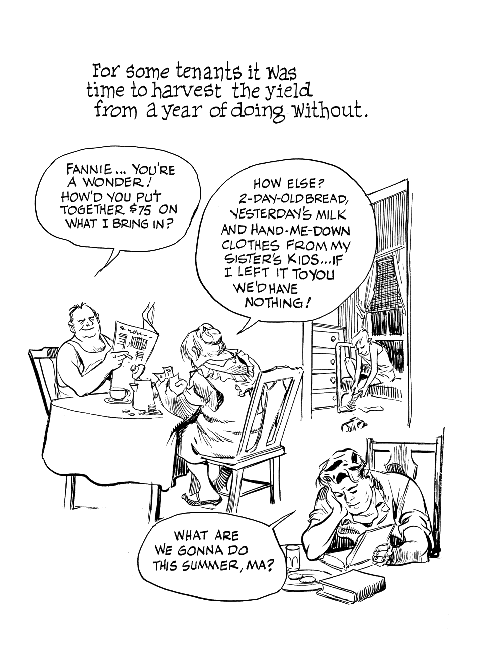 Comic book panel with English text at the top, and images of exterior of apartment building with laundry lines, and two women talking in speech bubbles.