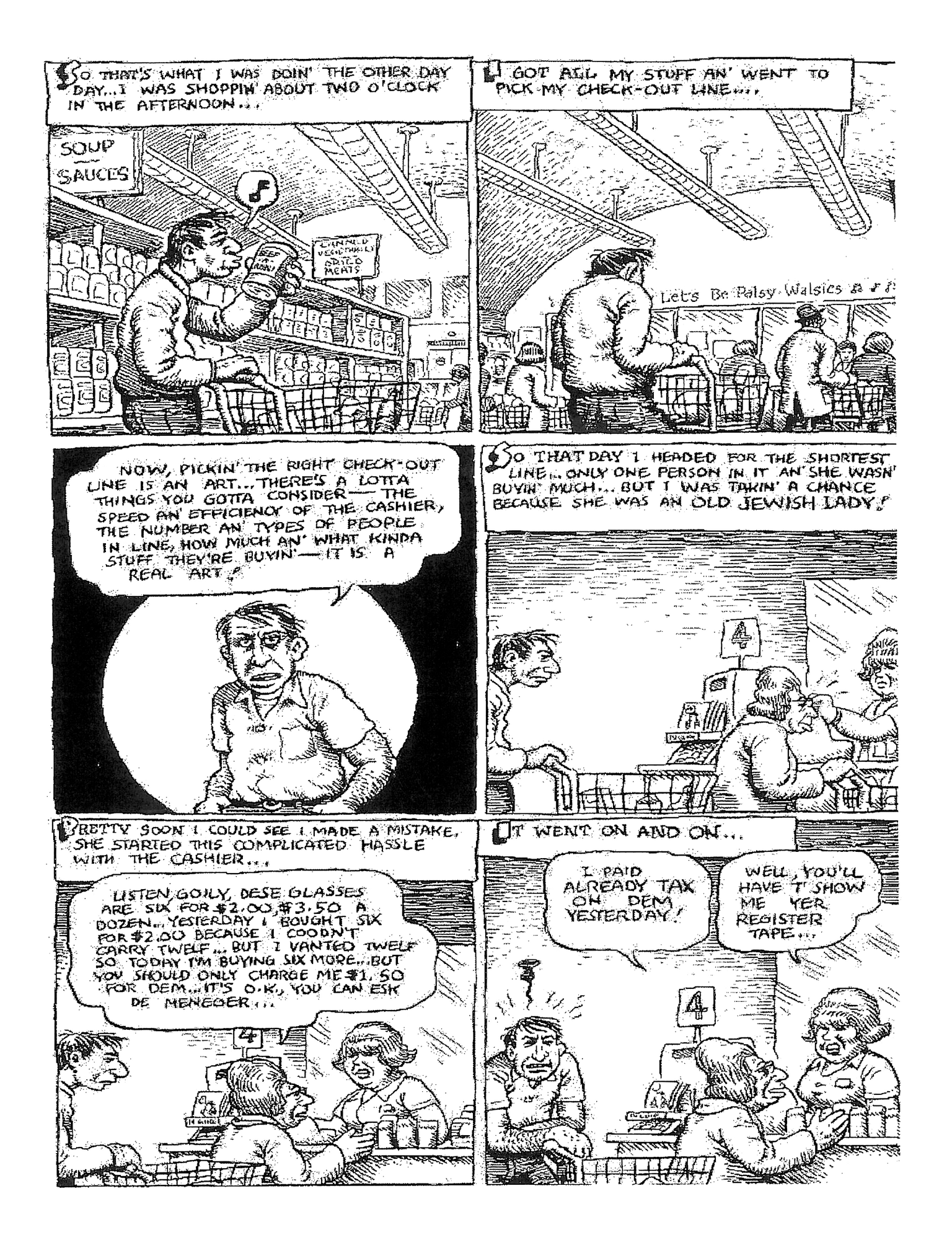 Comic book page split into six panels featuring man at the supermarket and English text describing picking a checkout line with an old lady in it. Comic book page split into six panels featuring man at the supermarket and English text describing picking a checkout line with an old lady in it.