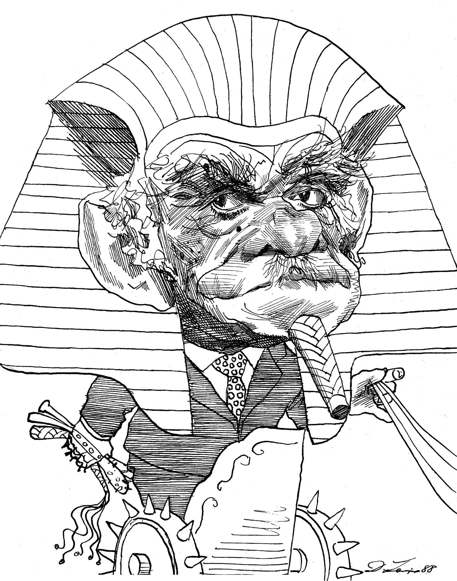 Yitzhak Shamir Drawing of cartoonish head with pharoanic headdress standing on chariot.